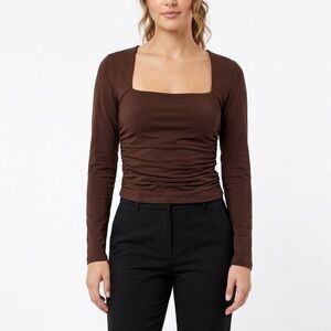 PINK ROSE Brown Long-Sleeve Ruched Scoop Top